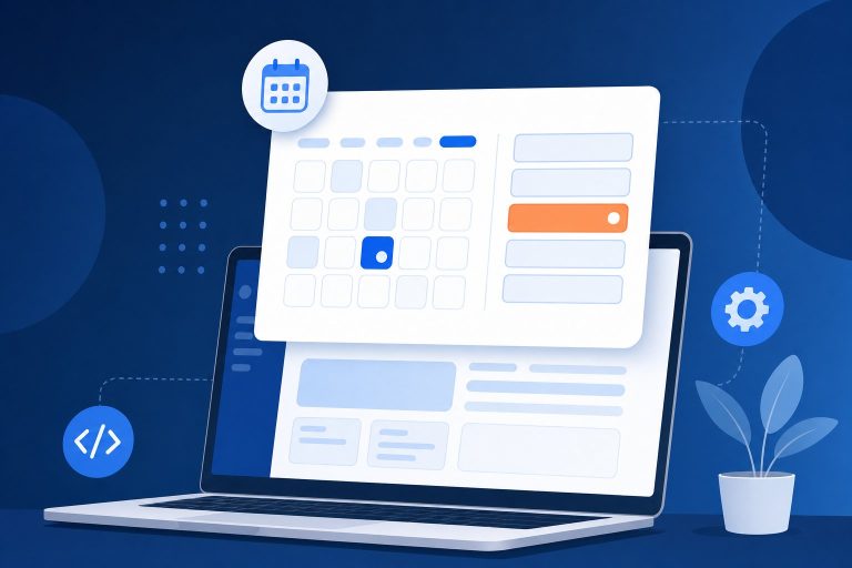 Illustration of a custom website booking calendar widget with a highlighted time slot floating above a laptop