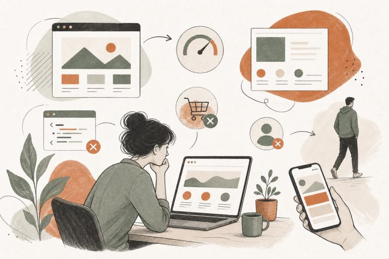 Small business owner reviewing a website analytics dashboard with warning signs about speed, mobile usability, and lost leads