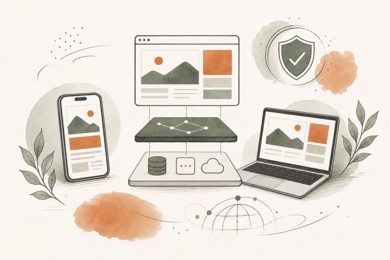 Business owner reviewing a fast modern website dashboard with security and performance indicators on a laptop