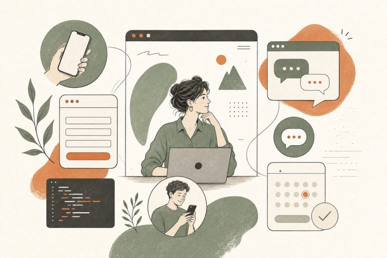 Small-business owner reviewing website contact options including phone, form, chat, text, and online booking