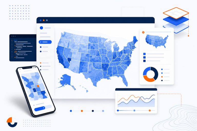 Illustration of a California map with ZIP-level data layers on a modern dashboard