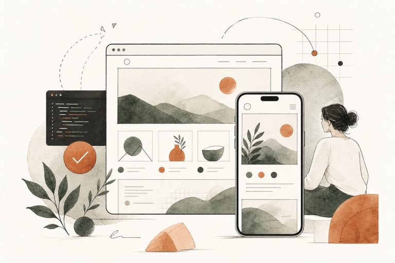 Small business owner reviewing a website on a smartphone next to a laptop, checking mobile usability and speed