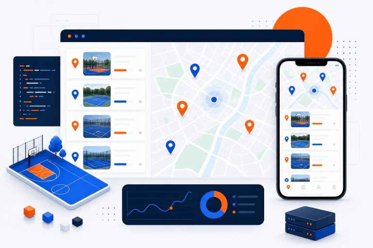 Illustration of a location map directory interface with court markers