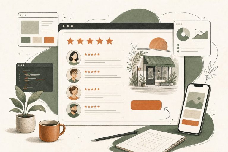 Small-business owner reviewing customer testimonials on a website reviews page layout