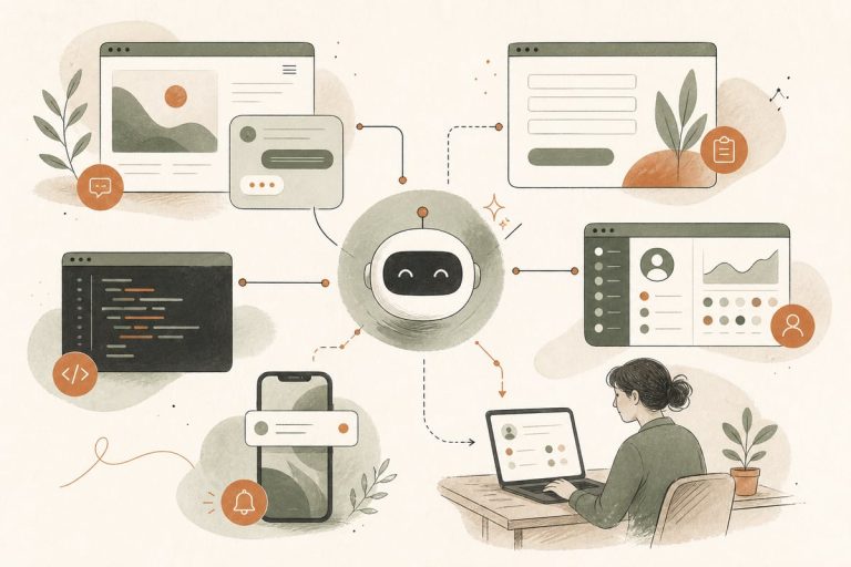 Small-business owner reviewing an AI website intake assistant workflow on a laptop