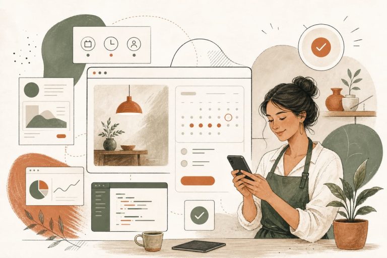 Small-business owner reviewing an online booking calendar on a website dashboard