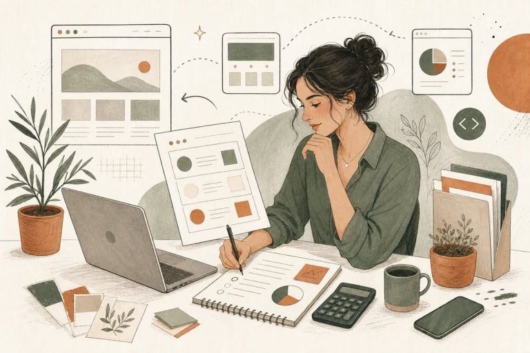Small-business owner reviewing website pricing options on a laptop with notes about leads, quotes, and customer trust