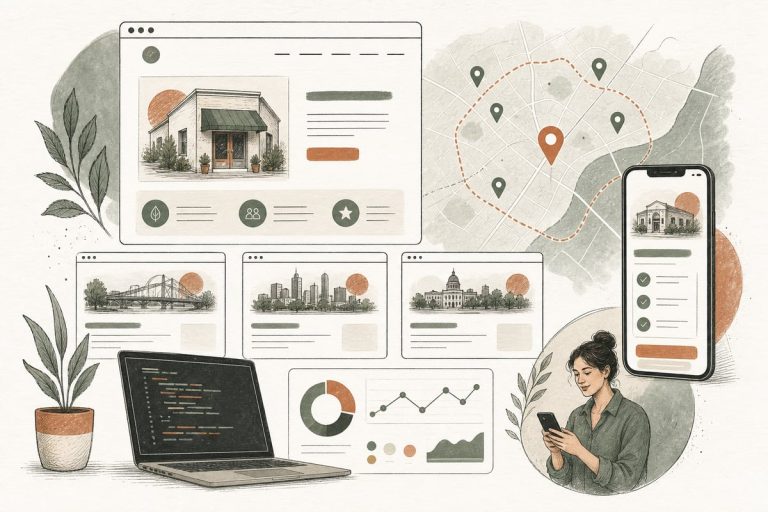 Small-business owner reviewing website service area pages and local lead strategy on a laptop