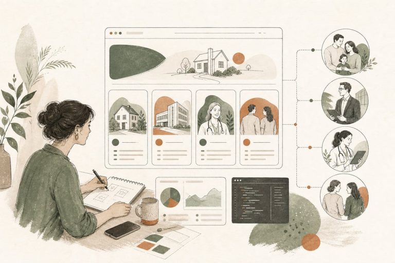 Small-business owner reviewing website pages tailored to different customer types