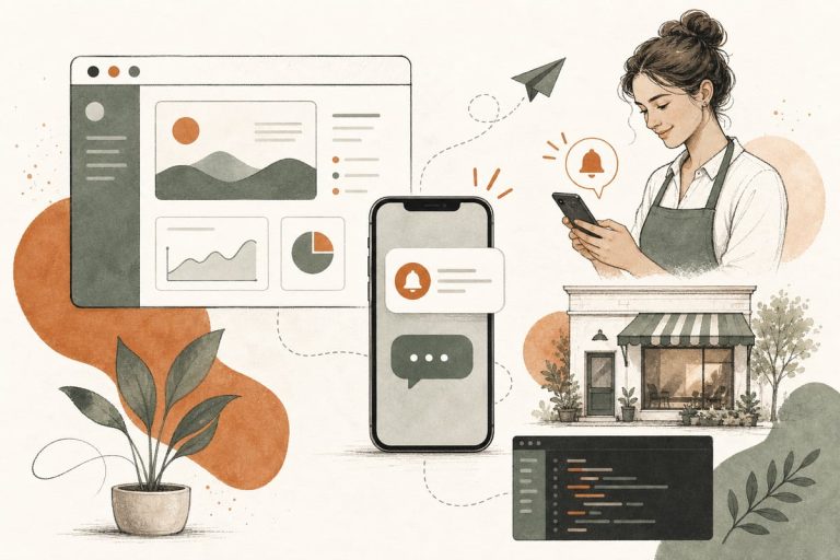 Small-business owner reviewing website leads and automated text message follow-ups on a laptop and phone