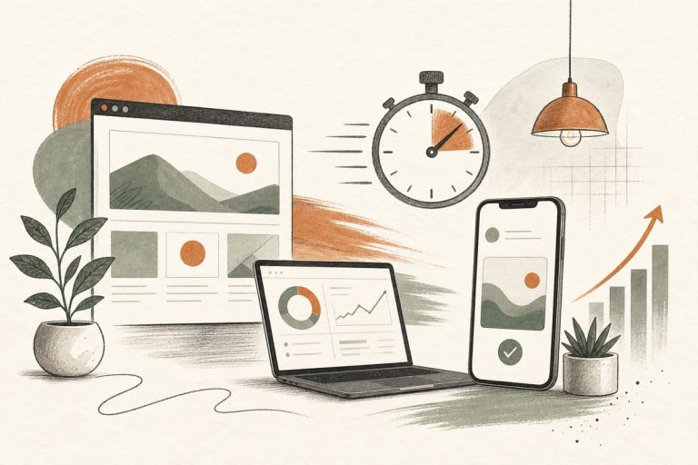 Small-business owner reviewing new website leads and automated follow-up tasks on a laptop and phone