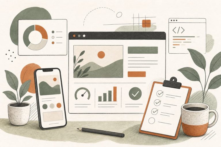 Small-business owner reviewing a website audit checklist on a laptop with notes about leads, speed, SEO, and trust