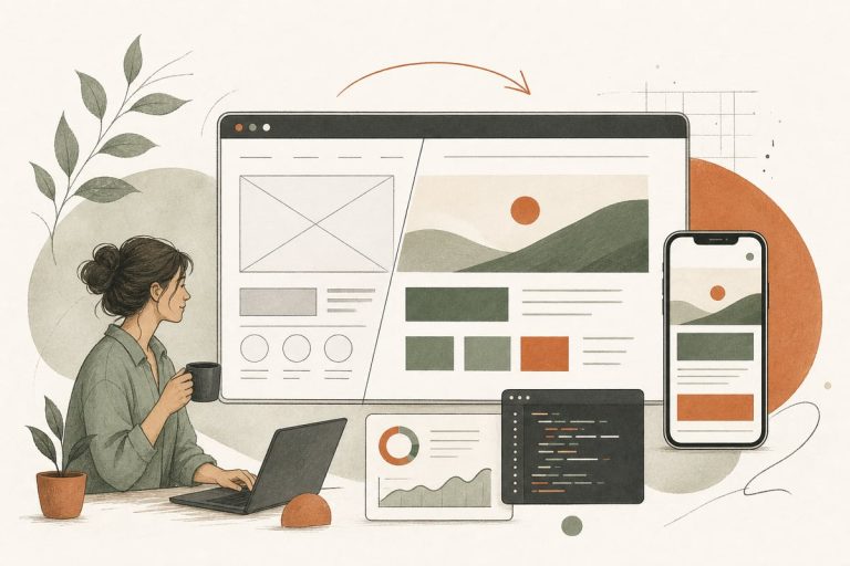 Small-business owner reviewing a website redesign versus refresh checklist on a laptop with notes about leads, speed, and SEO