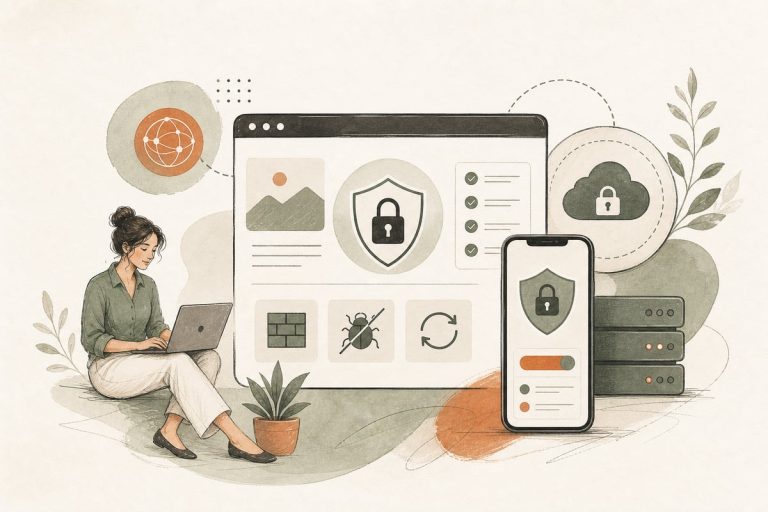 Small business owner reviewing website security settings on a laptop with a lock icon and warning alerts visible