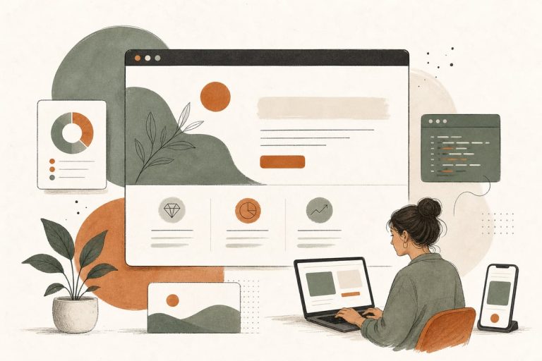 Small-business owner reviewing a homepage wireframe with headline, call-to-action, phone number, and trust signals above the fold