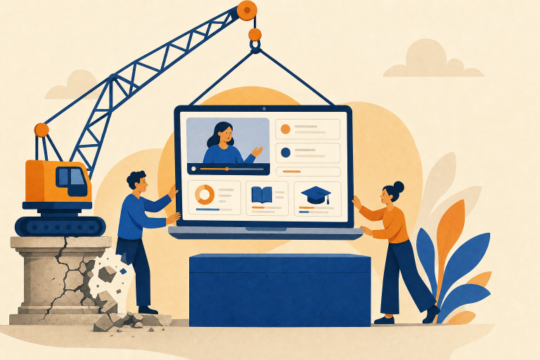 Illustration of a learning-platform laptop being moved from a crumbling pedestal to a solid new foundation