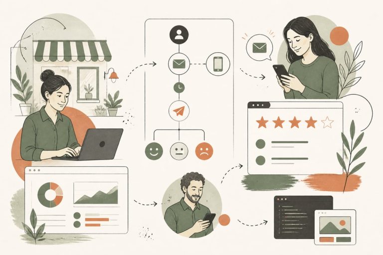Small-business owner reviewing automated customer feedback and review requests on a laptop and phone