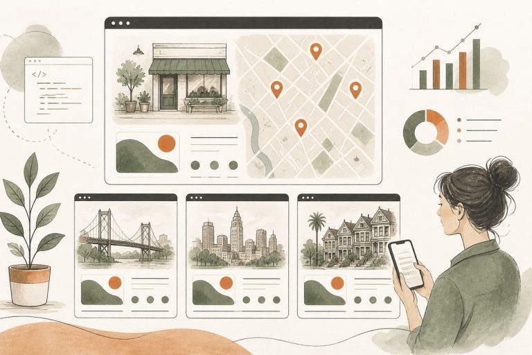 Small-business owner reviewing local city landing pages on a website map to improve SEO and lead generation