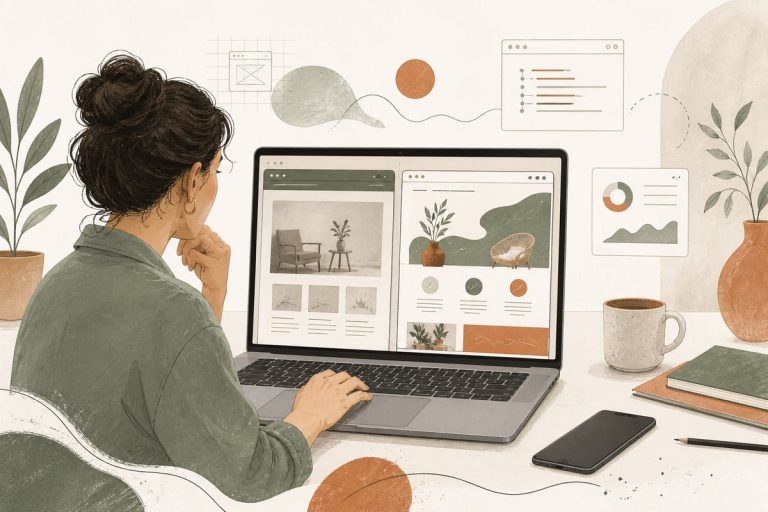 Small-business owner reviewing an old website on a laptop while planning a redesign strategy