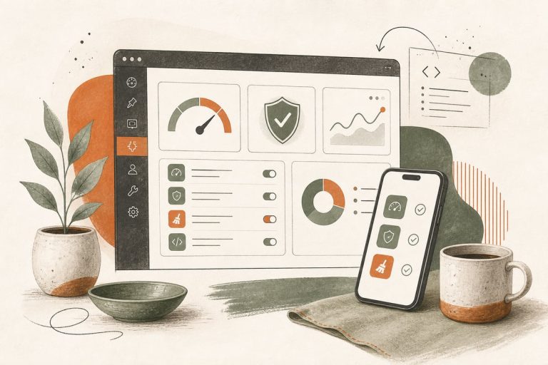 Small-business owner reviewing a WordPress plugin list to improve website speed and security