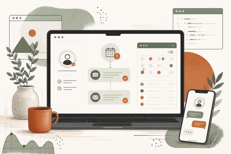 Small-business owner reviewing an automated AI workflow that follows up with missed appointments and helps rebook customers