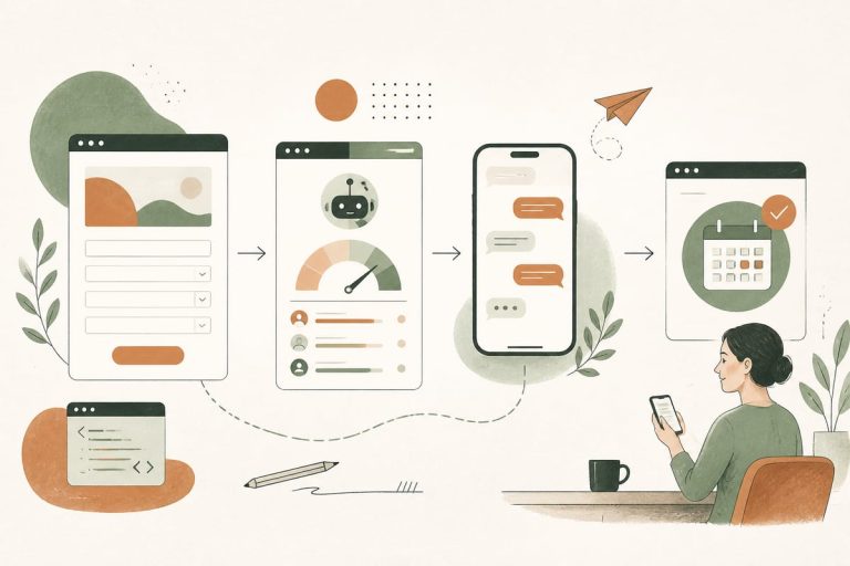Small-business owner reviewing AI-qualified website leads on a laptop while phone notifications and appointment details appear on screen