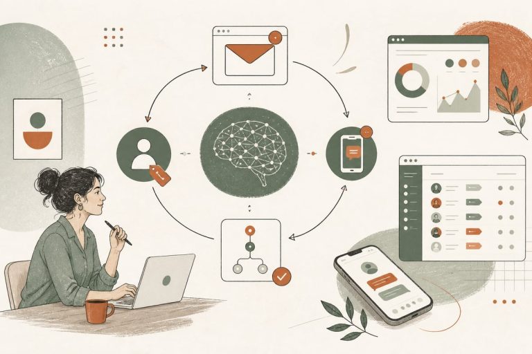Small-business owner reviewing old leads while an AI follow-up workflow sends personalized reactivation messages