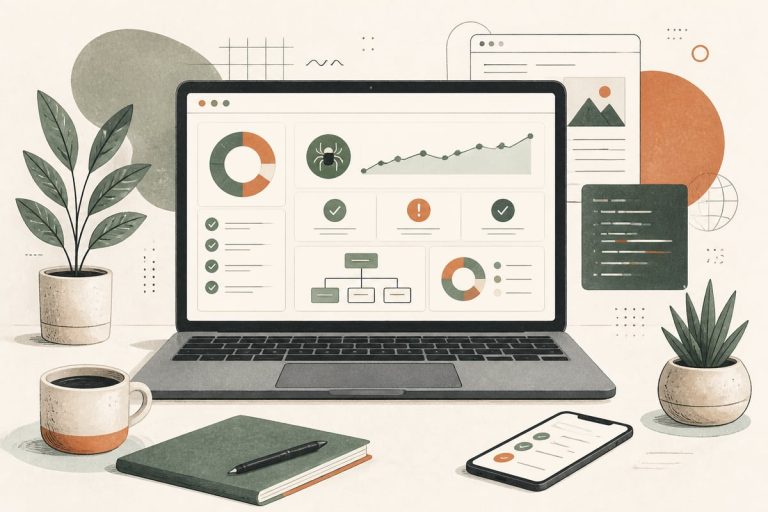 Small-business owner reviewing a website technical SEO checklist on a laptop