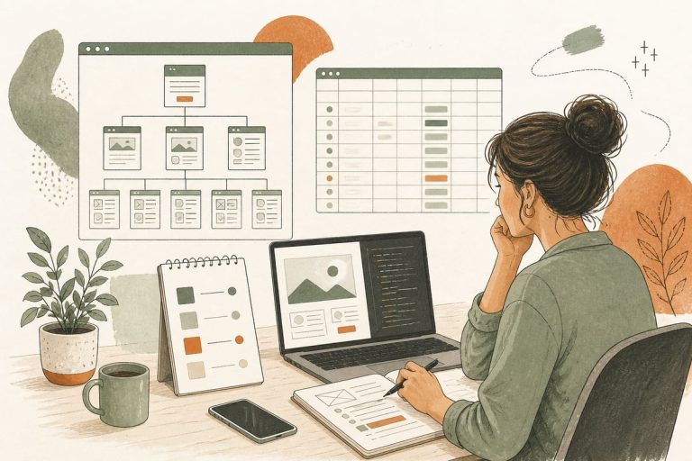 Small-business owner reviewing outdated website pages and planning which content to keep, update, merge, or remove