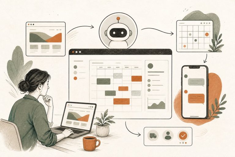 Small-business owner reviewing an AI-powered scheduling workflow on a laptop with calendar and lead notifications visible