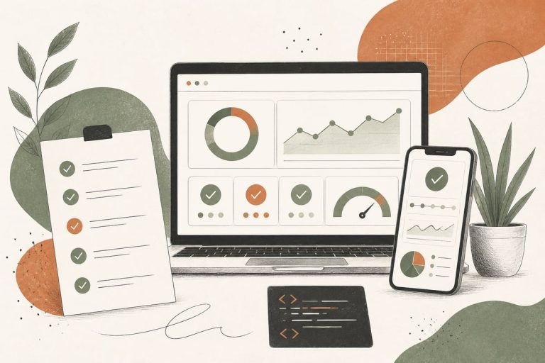 Small-business owner reviewing website SEO health dashboard and checklist on a laptop