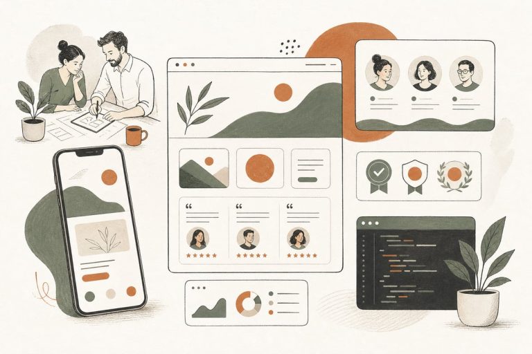 Small-business owner reviewing website trust signals like reviews, photos, policies, and contact details on a laptop