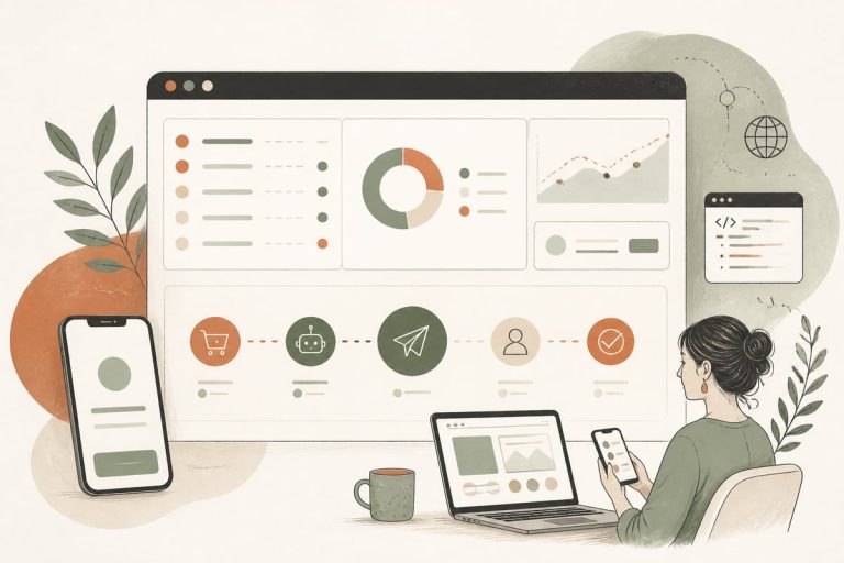 Small-business owner reviewing abandoned website leads while an AI follow-up system sends quote recovery messages